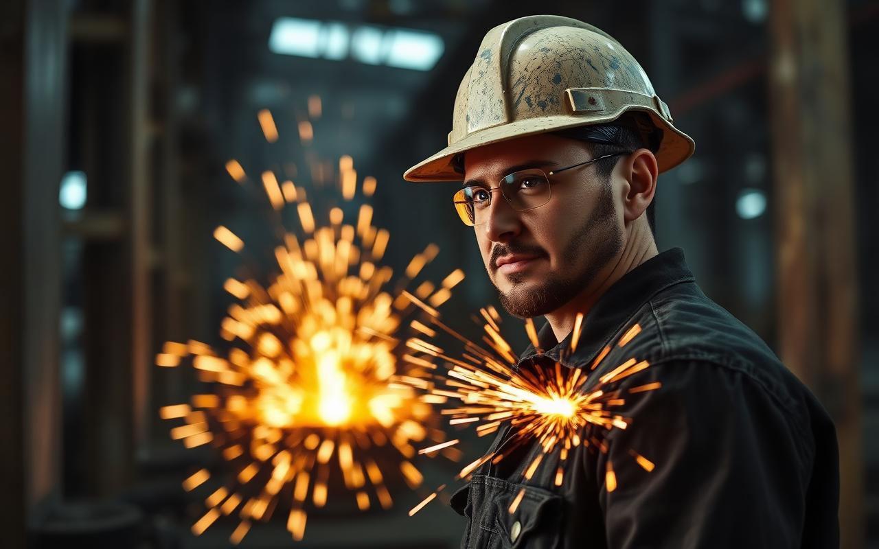 American factory worker with sparks flying